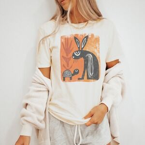 Surreal Rabbit and Turtle Graphic Tee Retro Relief Art